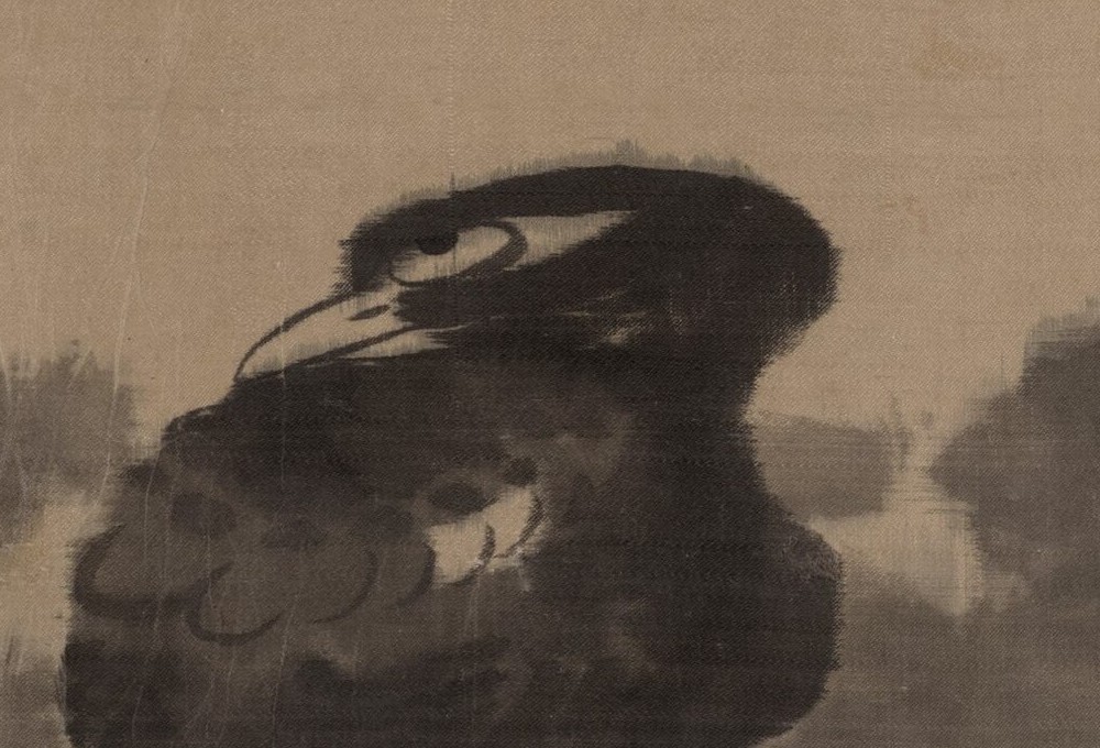 Close detail of an ink-painted bird's head by Bada Shanren: a hooked beak in wet black ink, and a pale angular eye set high in the skull with the dark pupil pushed hard into its upper corner, so the bird appears to look up and away.