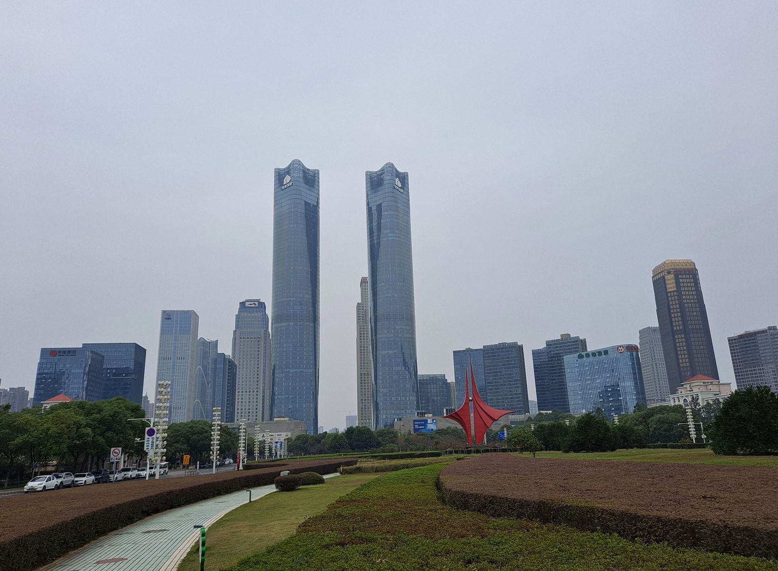 The two identical Greenland Twin Towers rising over the Honggutan administrative square in Nanchang, the tallest buildings in the city