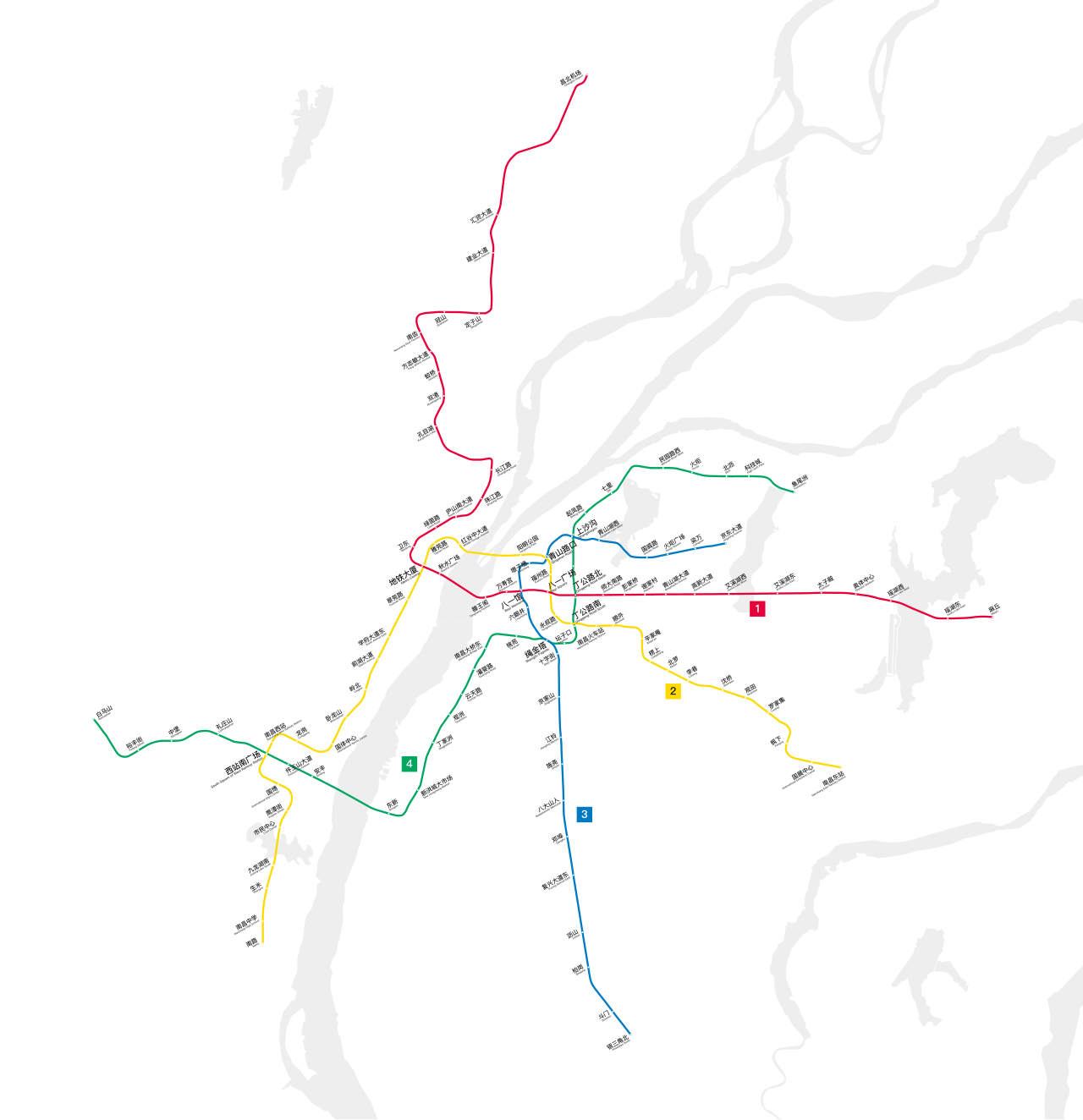 Nanchang Metro route map showing four colour-coded lines crossing the Gan River
