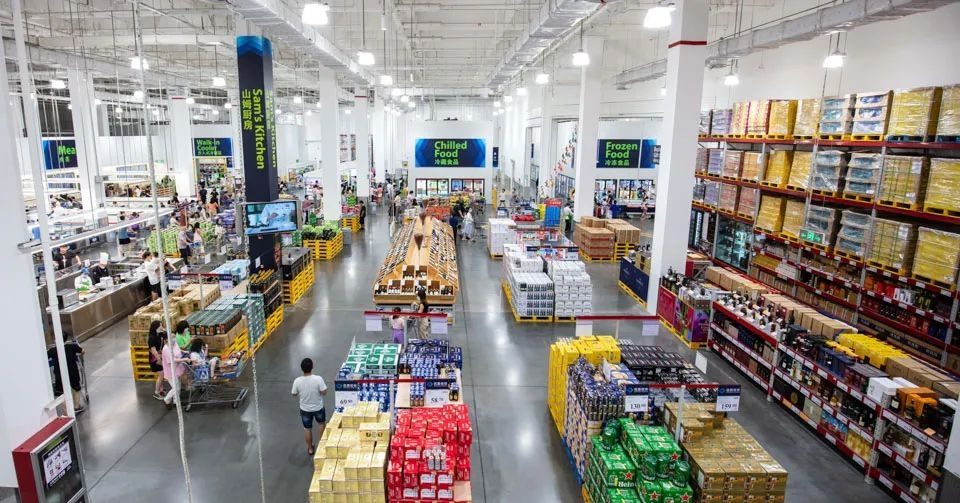 Warehouse aisles and the chilled and frozen food halls inside Sam's Club Nanchang