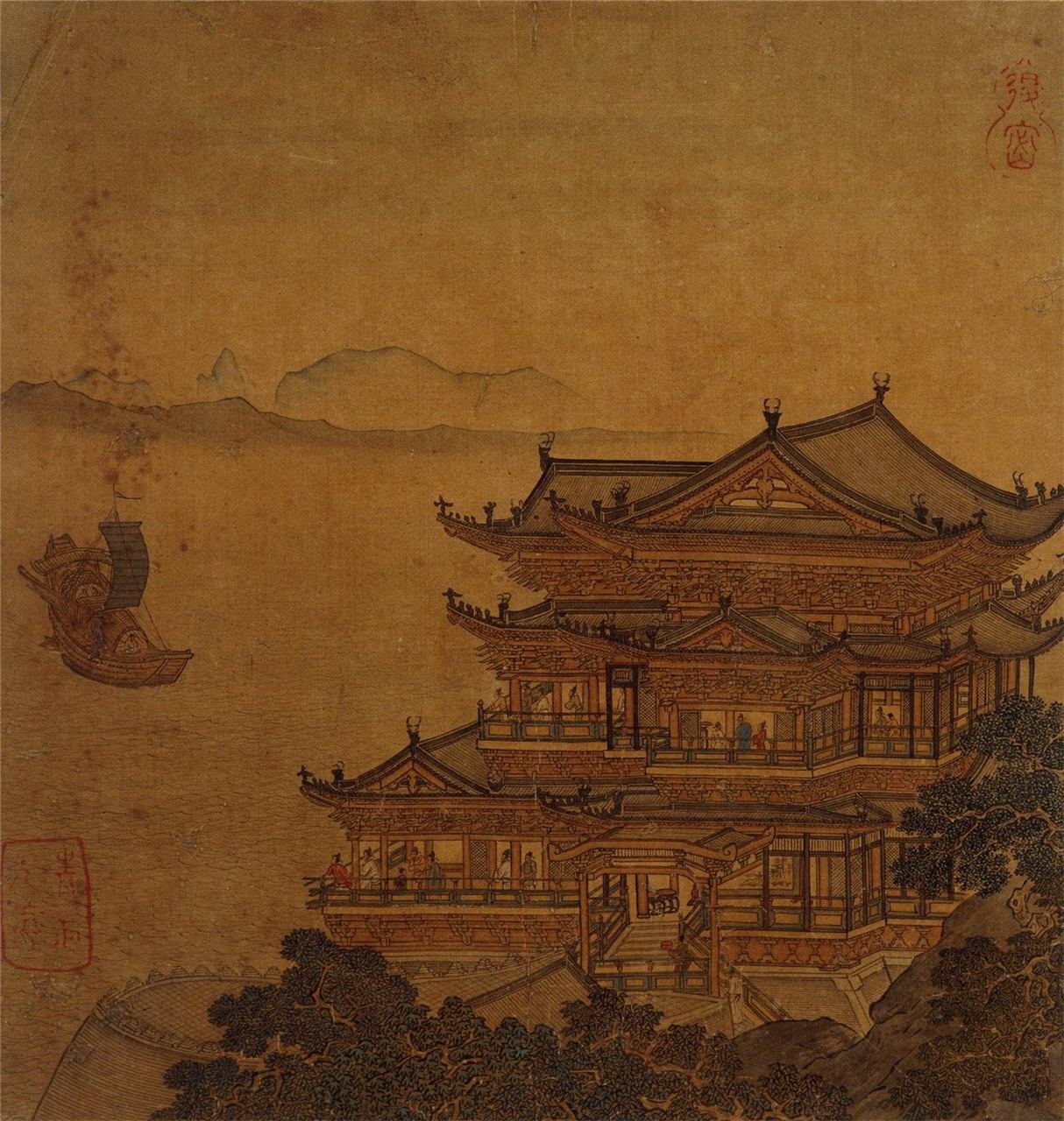 A classical Chinese painting of a riverside many-storeyed pavilion, after the Song masters.