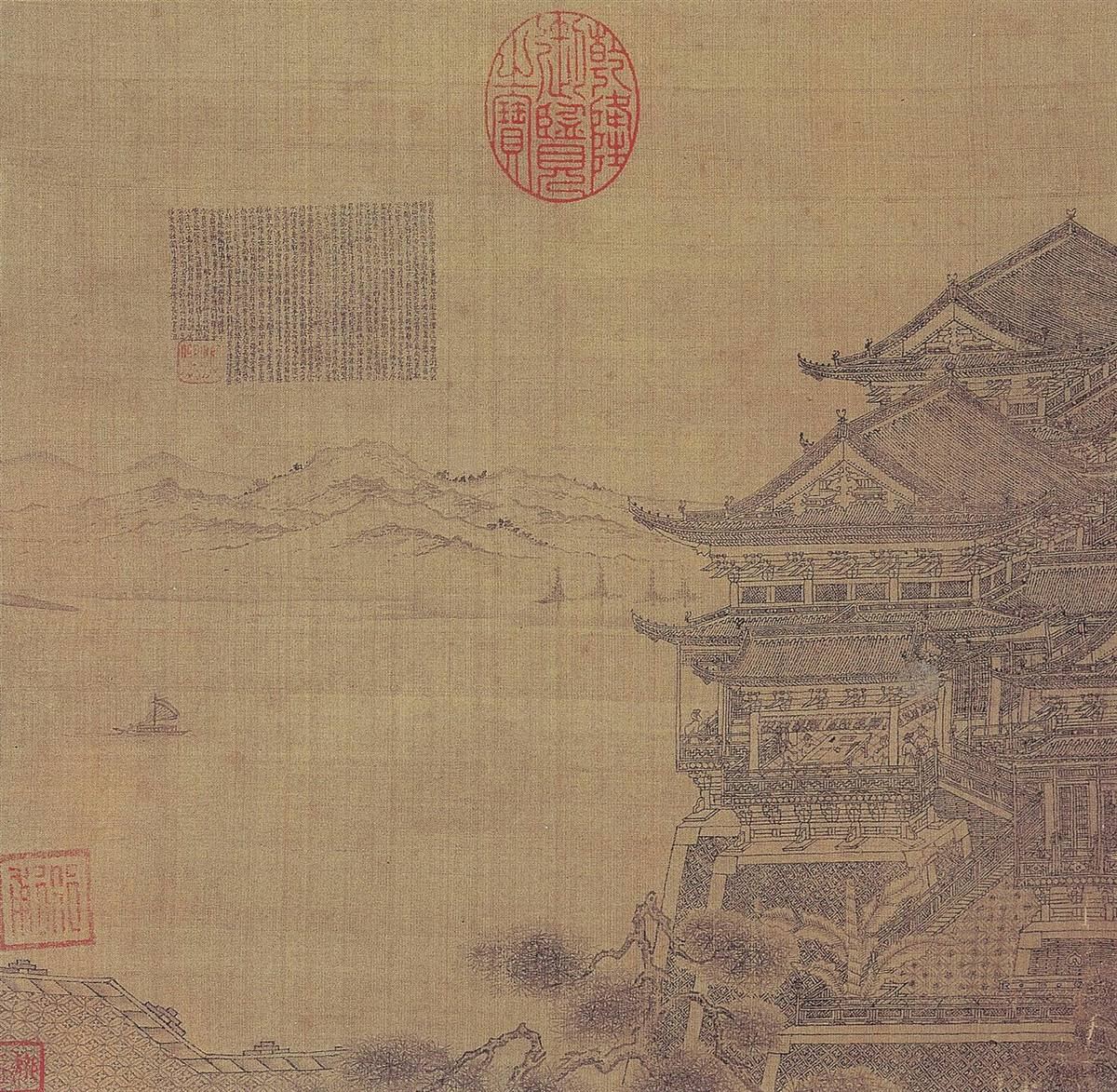 A Yuan-dynasty Chinese painting of Tengwang Pavilion — the riverside tower rendered in ink, centuries before the version standing today.