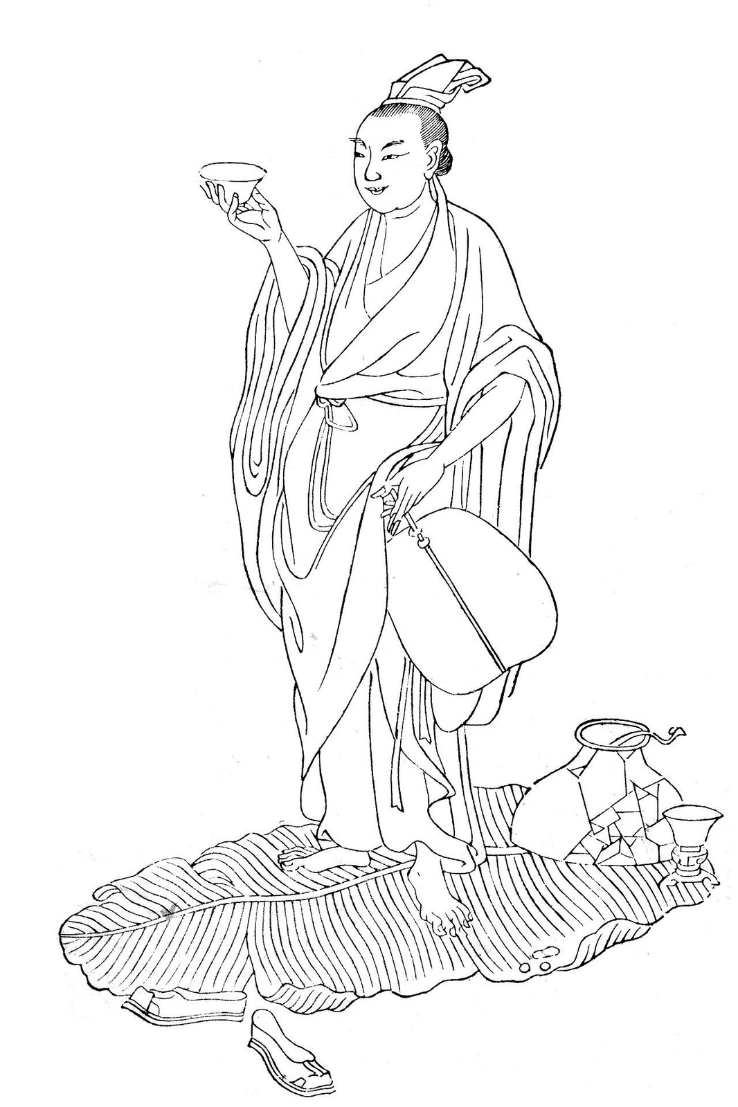 A woodblock-style ink portrait of the Tang poet Wang Bo as a robed scholar, from the Qing painting manual 晚笑堂竹莊畫傳.
