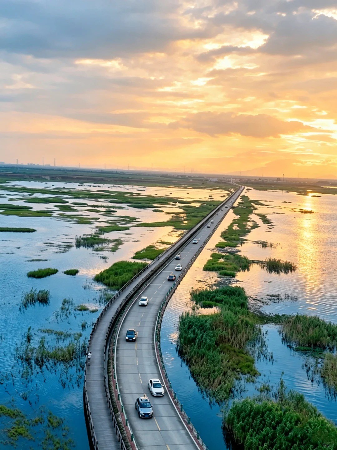 An elevated view along the Yongwu Highway at sunset: a two-lane road with a railed walkway beside it curves away towards the horizon with cars on it, and shallow water and green marsh press up to the road edge on both sides.